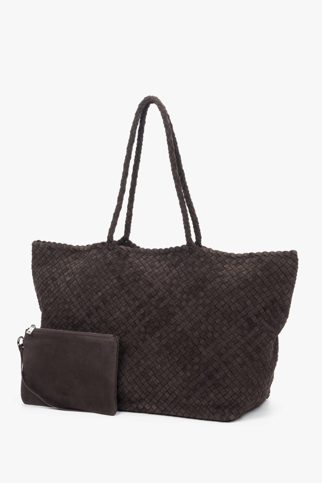 Genuine Velour dark brown women’s shopper bag with included cosmetic pouch, Estro.