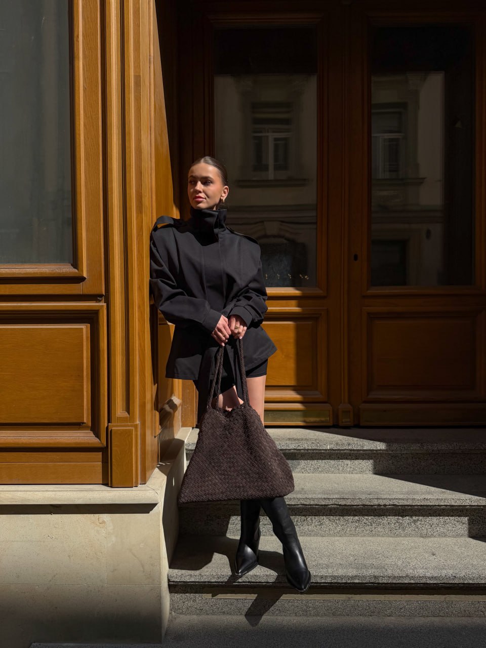Genuine Velour dark brown women’s shopper bag with included cosmetic pouch, Estro.