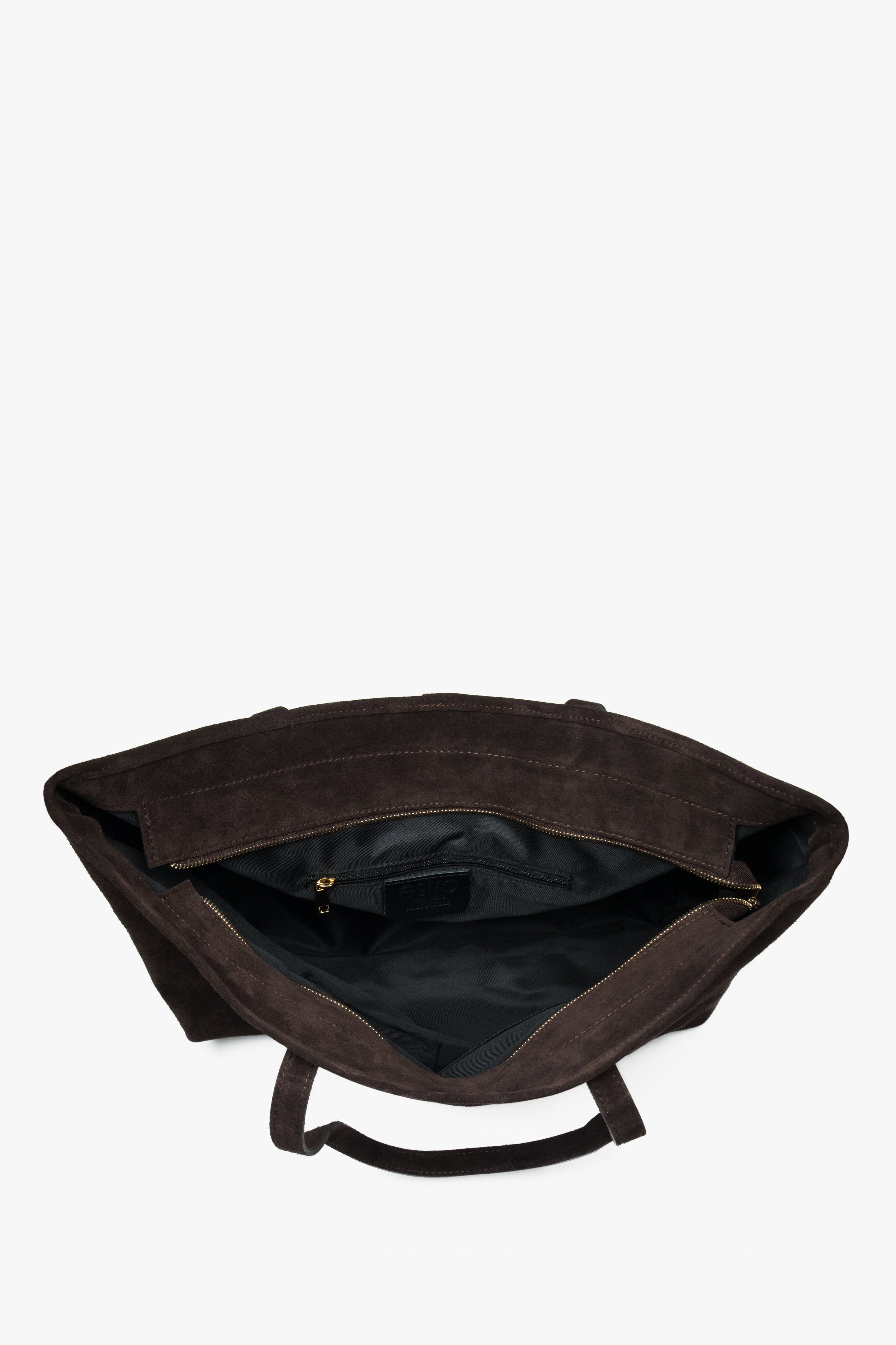 A women’s dark brown shopper bag in Premium Italian genuine velour from Estro.