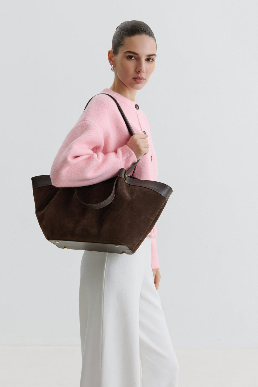Women's Dark Brown Shopper Bag made of Premium Italian Genuine Velour Estro ER00118561.