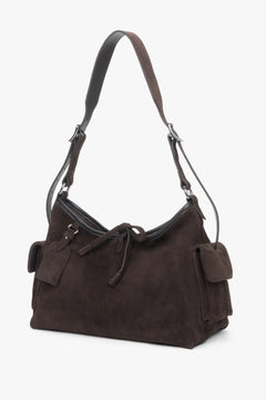 Women’s compact dark brown shoulder bag in soft genuine Velour Estro.
