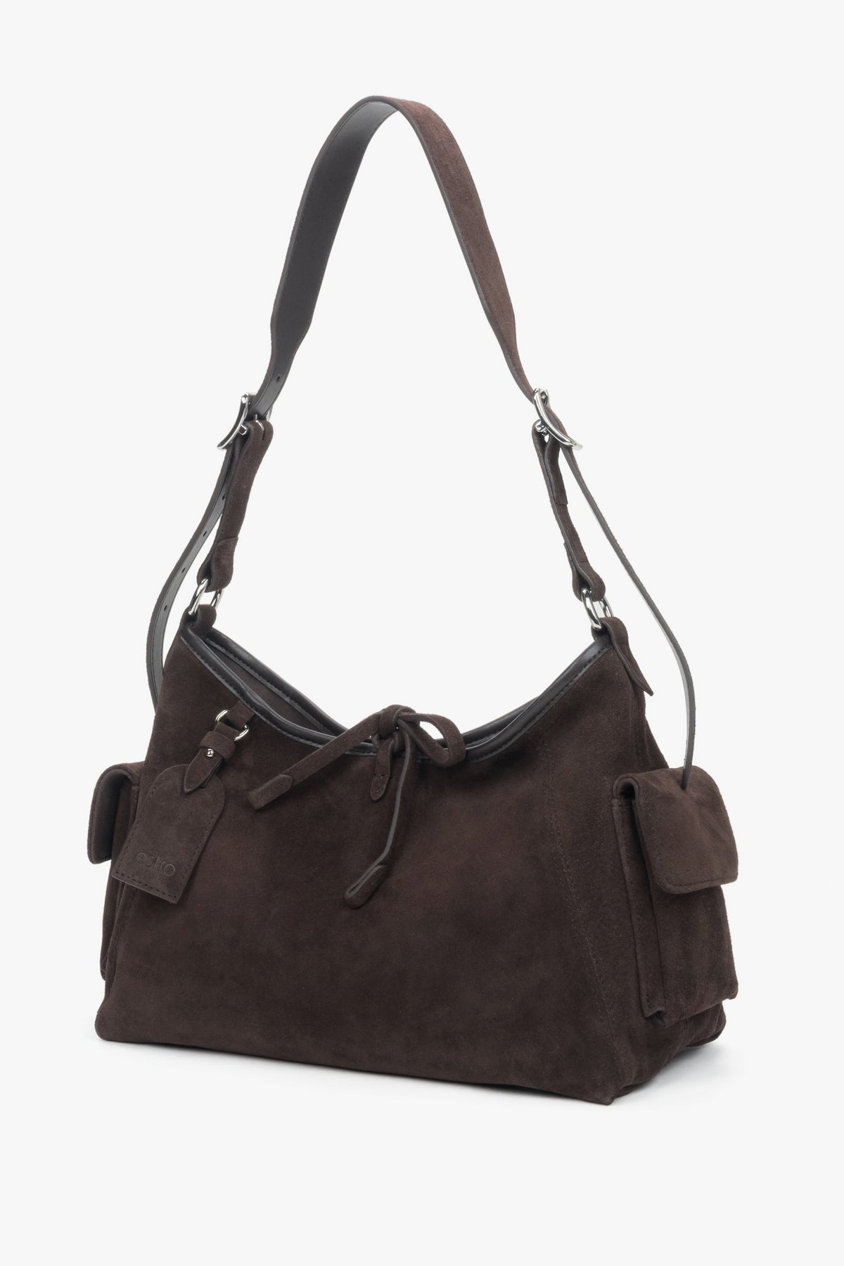 Women’s compact dark brown shoulder bag in soft genuine Velour Estro.