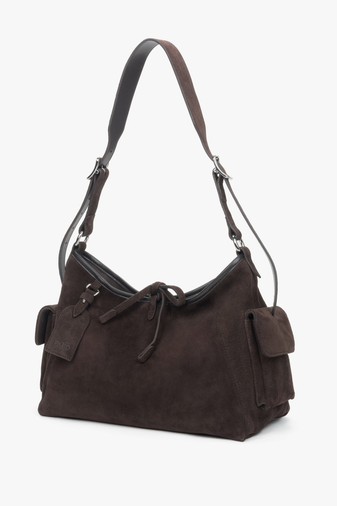 Women’s compact dark brown shoulder bag in soft genuine Velour Estro.