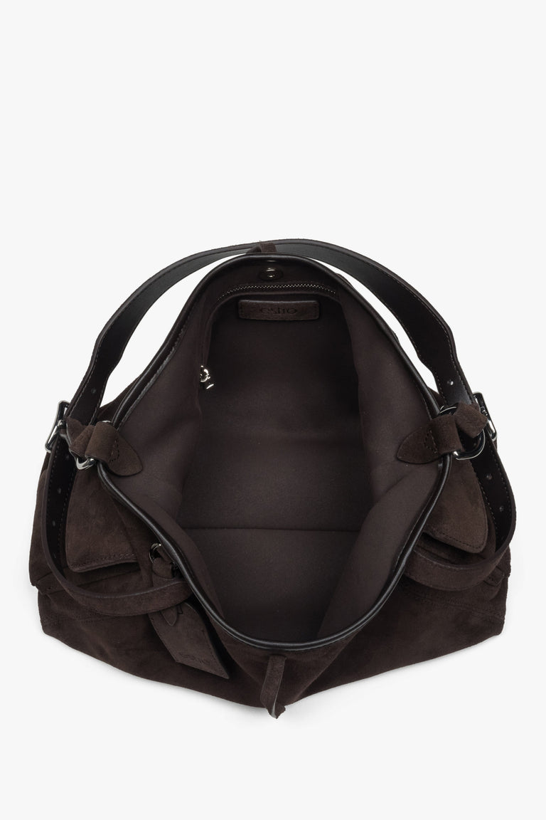Soft genuine Velour dark brown shoulder bag for women, Estro.