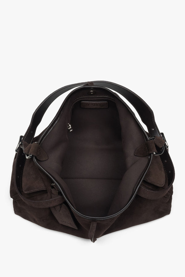 Soft genuine Velour dark brown shoulder bag for women, Estro.