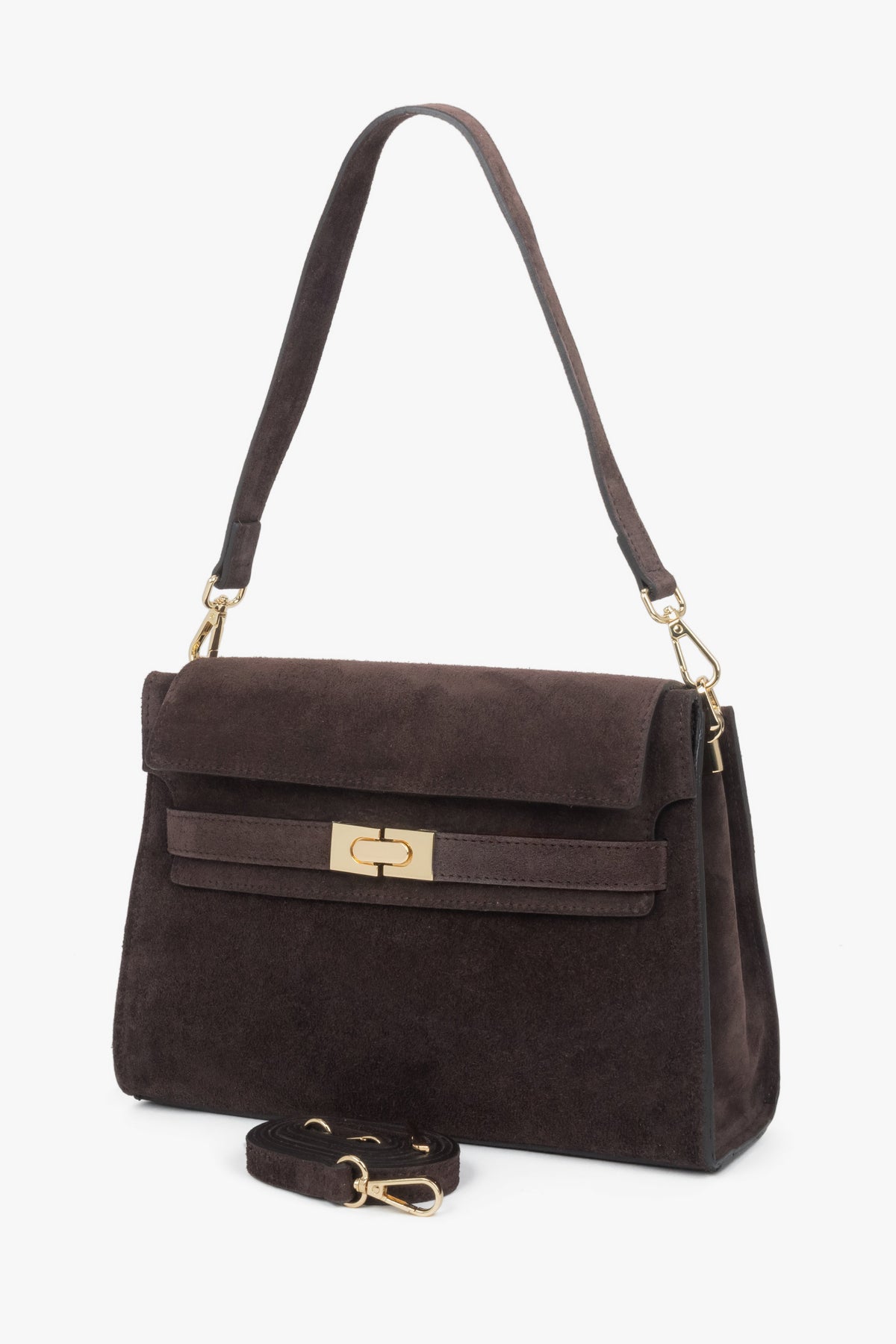 Shoulder bag for women, dark brown, made of Premium Italian genuine velour, Estro.