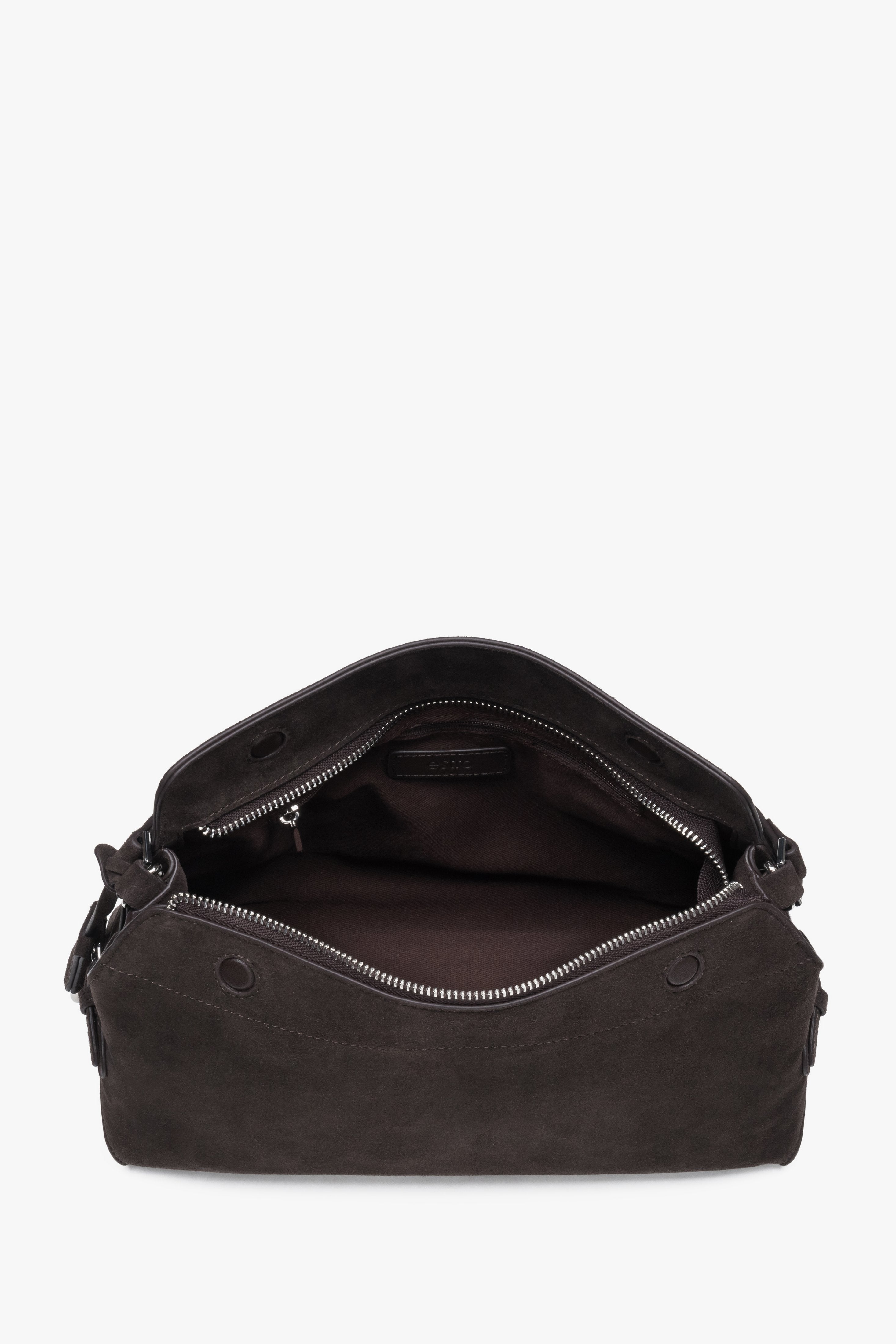 Women’s dark brown shoulder bag made of genuine velour.