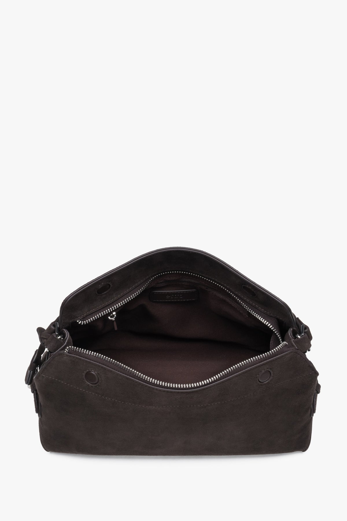 Women’s dark brown shoulder bag made of genuine velour.