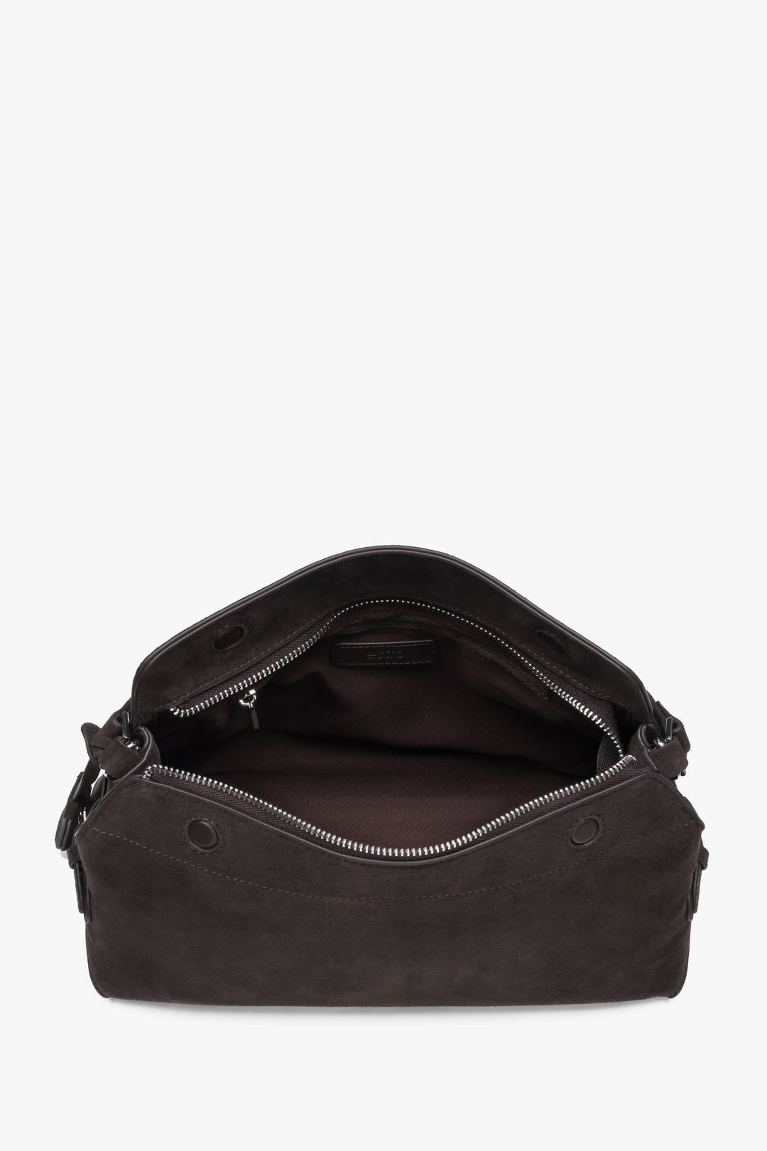 Women’s dark brown shoulder bag made of genuine velour.