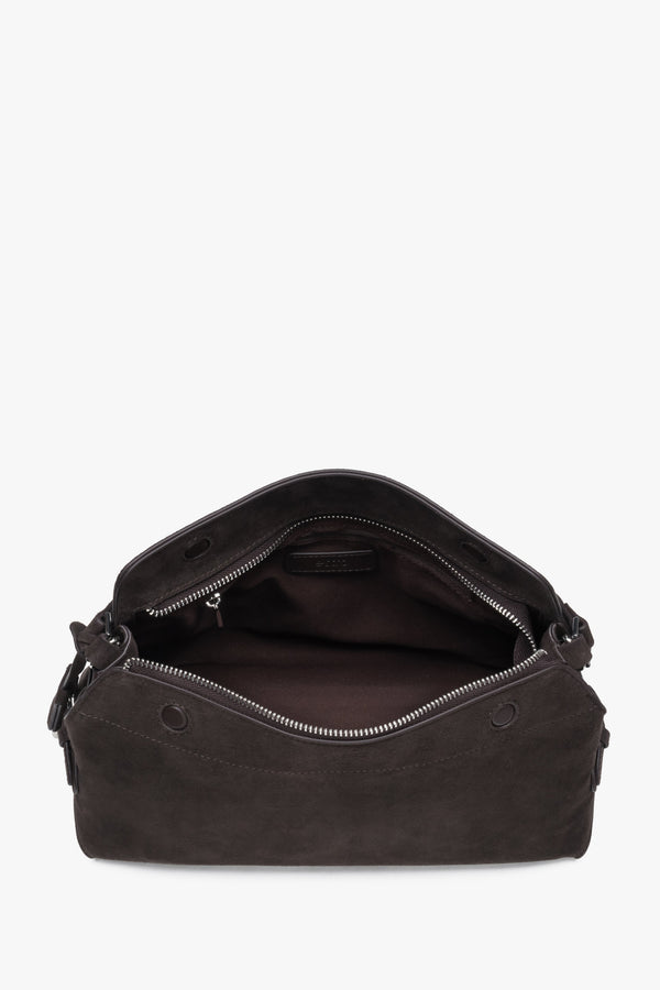 Women’s dark brown shoulder bag made of genuine velour.