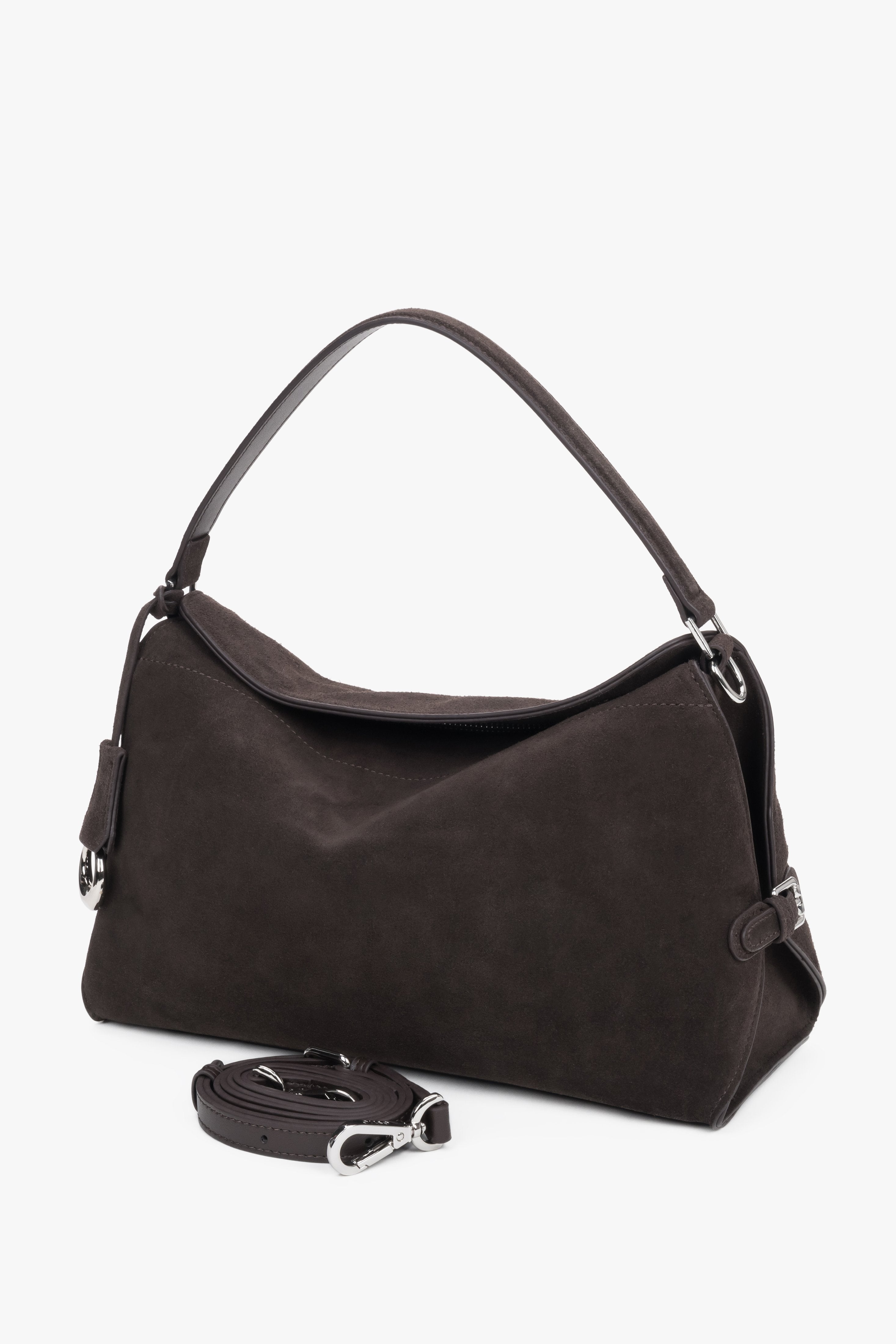 Women’s dark brown shoulder bag made of genuine velour by Estro.
