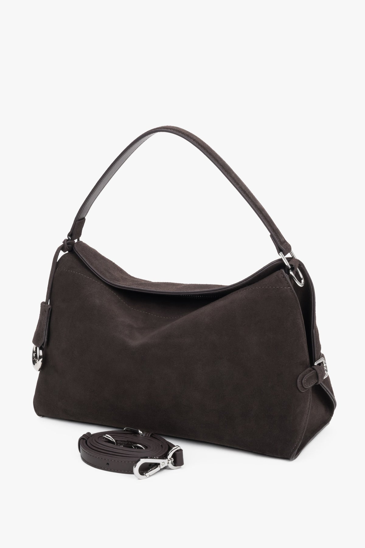 Women’s dark brown shoulder bag made of genuine velour by Estro.