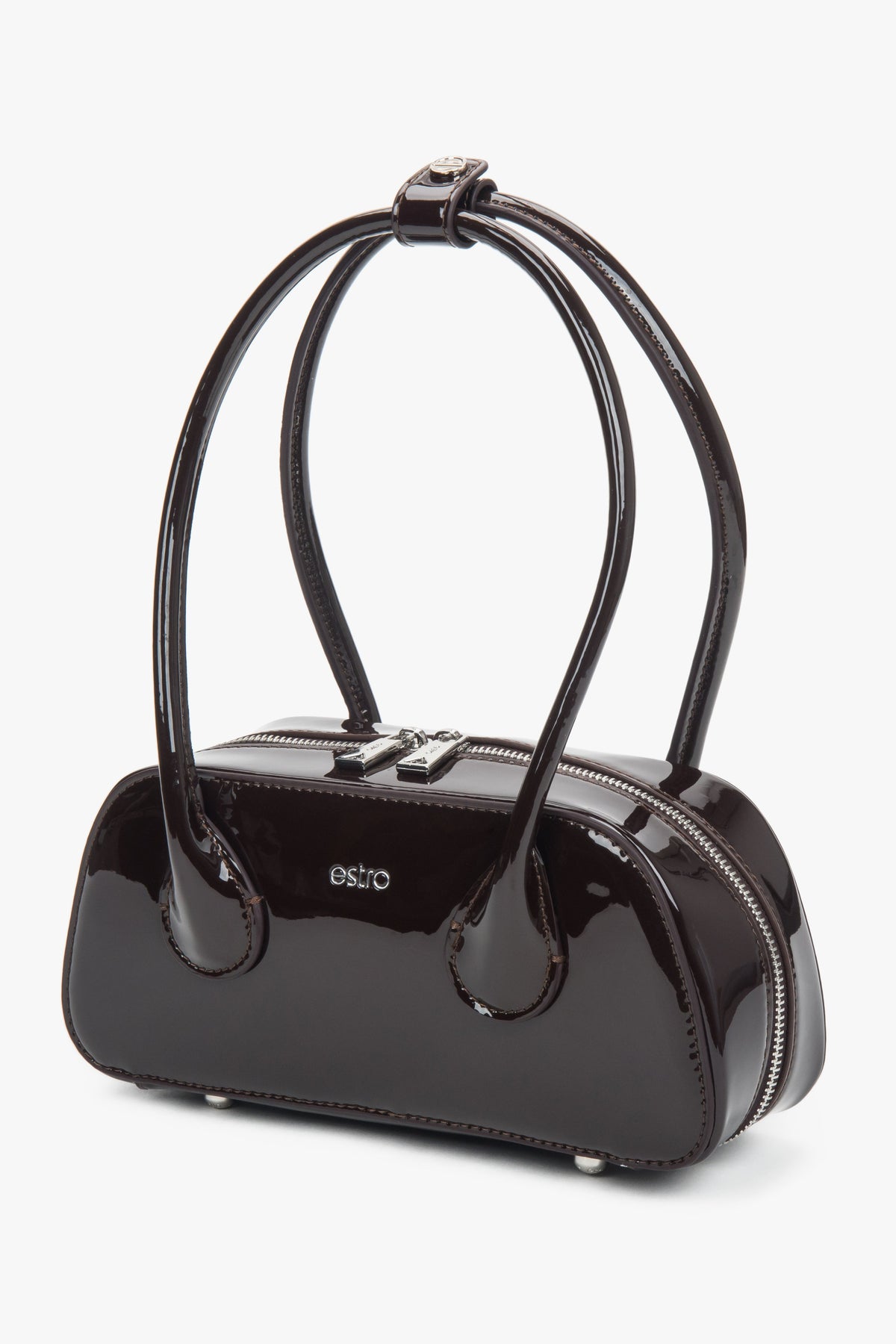 Handle detail with brand logo pin allows adjusting or securing the straps.