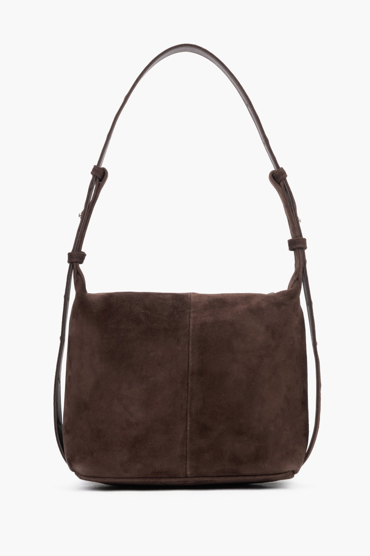 Small shoulder bag with a width of 25 cm, exposing the optimal depth of 10.5 cm and the rich softness of genuine velour - dark brown.