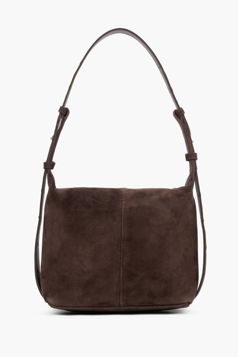 Small shoulder bag with a width of 25 cm, exposing the optimal depth of 10.5 cm and the rich softness of genuine velour - dark brown.