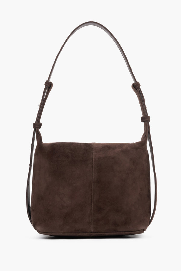 Small shoulder bag with a width of 25 cm, exposing the optimal depth of 10.5 cm and the rich softness of genuine velour - dark brown.