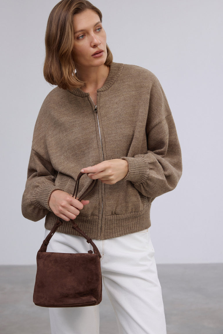 Women's Dark Brown Shoulder Bag made of Soft Genuine Velour Estro ER00119884