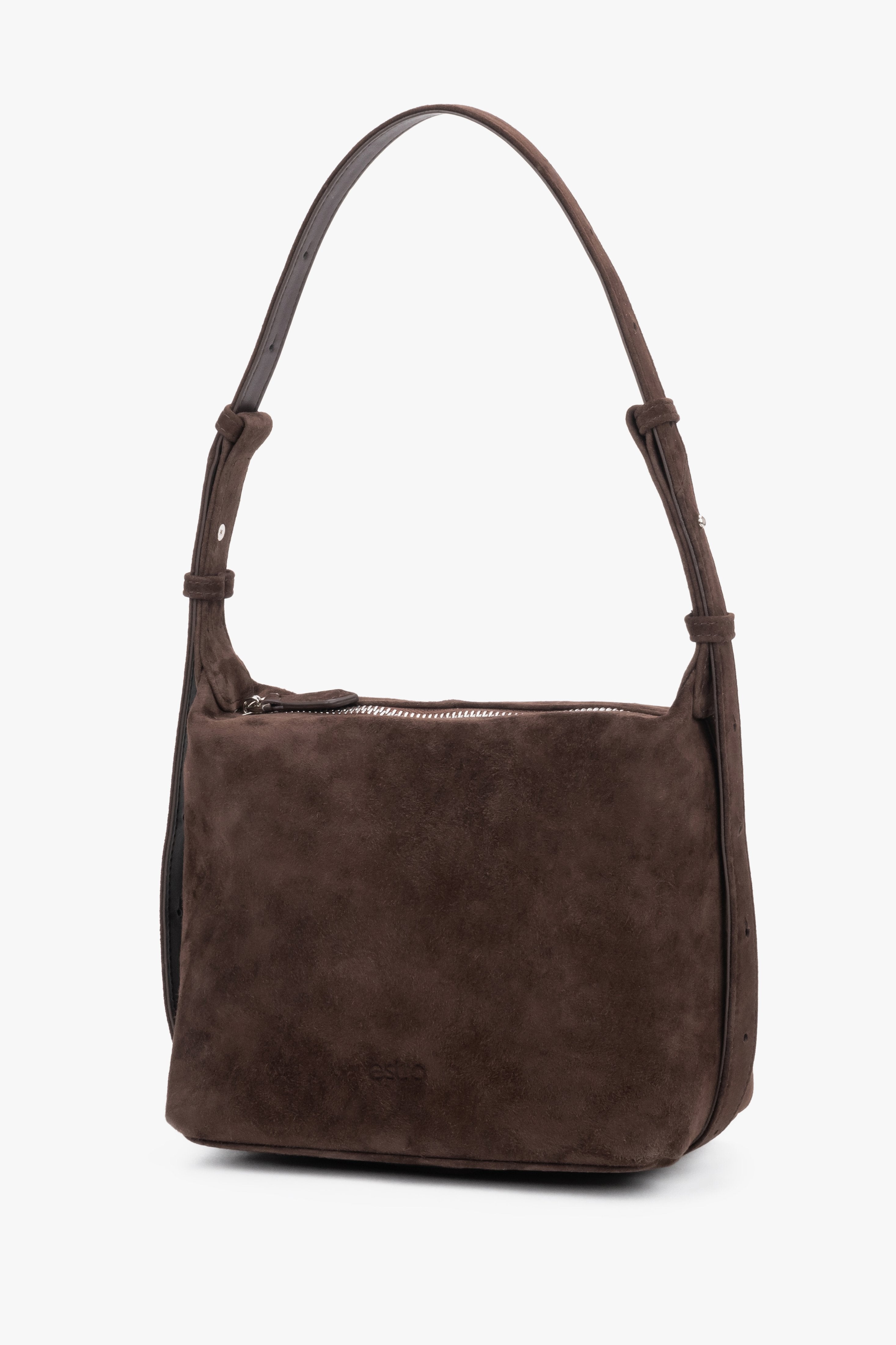 Estro women's dark brown velour handbag in a unique mocha shade, showcasing a clean silhouette with rounded edges and a subtle embossed brand logo.