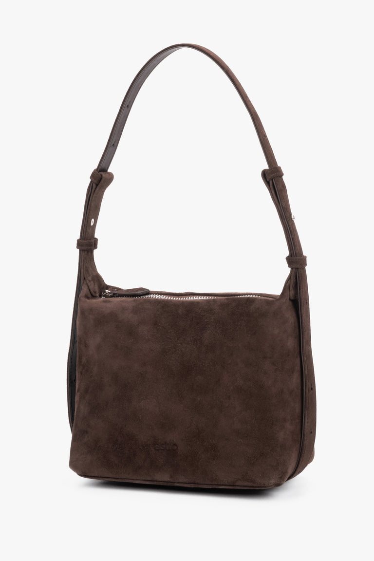 Estro women's dark brown velour handbag in a unique mocha shade, showcasing a clean silhouette with rounded edges and a subtle embossed brand logo.