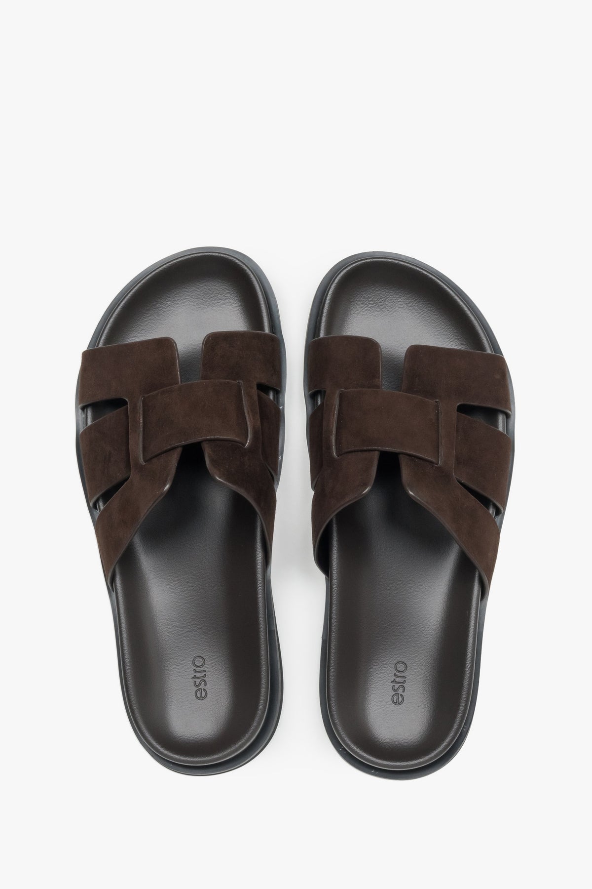 Women’s slide sandals, dark brown, made of natural velour, Estro.