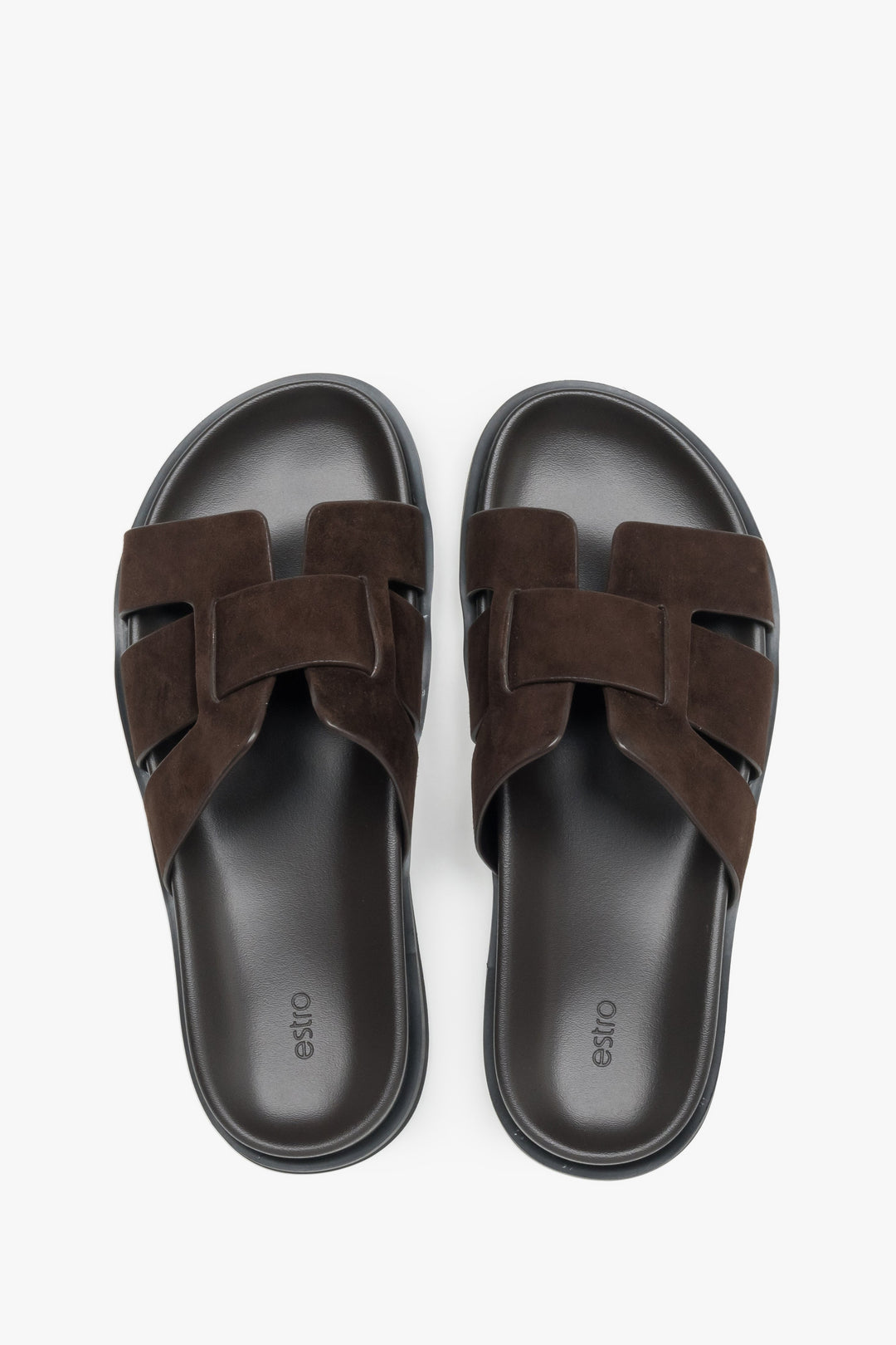 Women’s slide sandals, dark brown, made of natural velour, Estro.