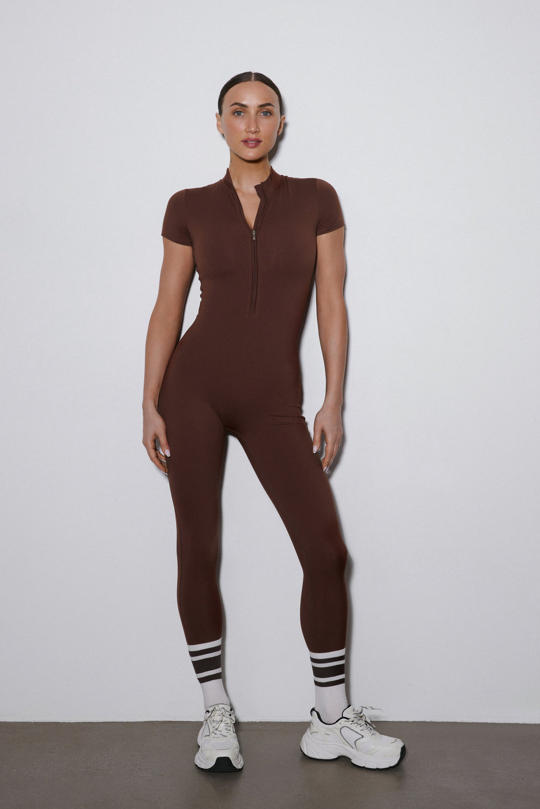 Women's Dark Brown Slim Fit Sporty Jumpsuit with Short Sleeves Estro ER00119503.