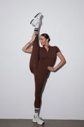 Women's sporty dark brown slim fit jumpsuit with short sleeves Estro.