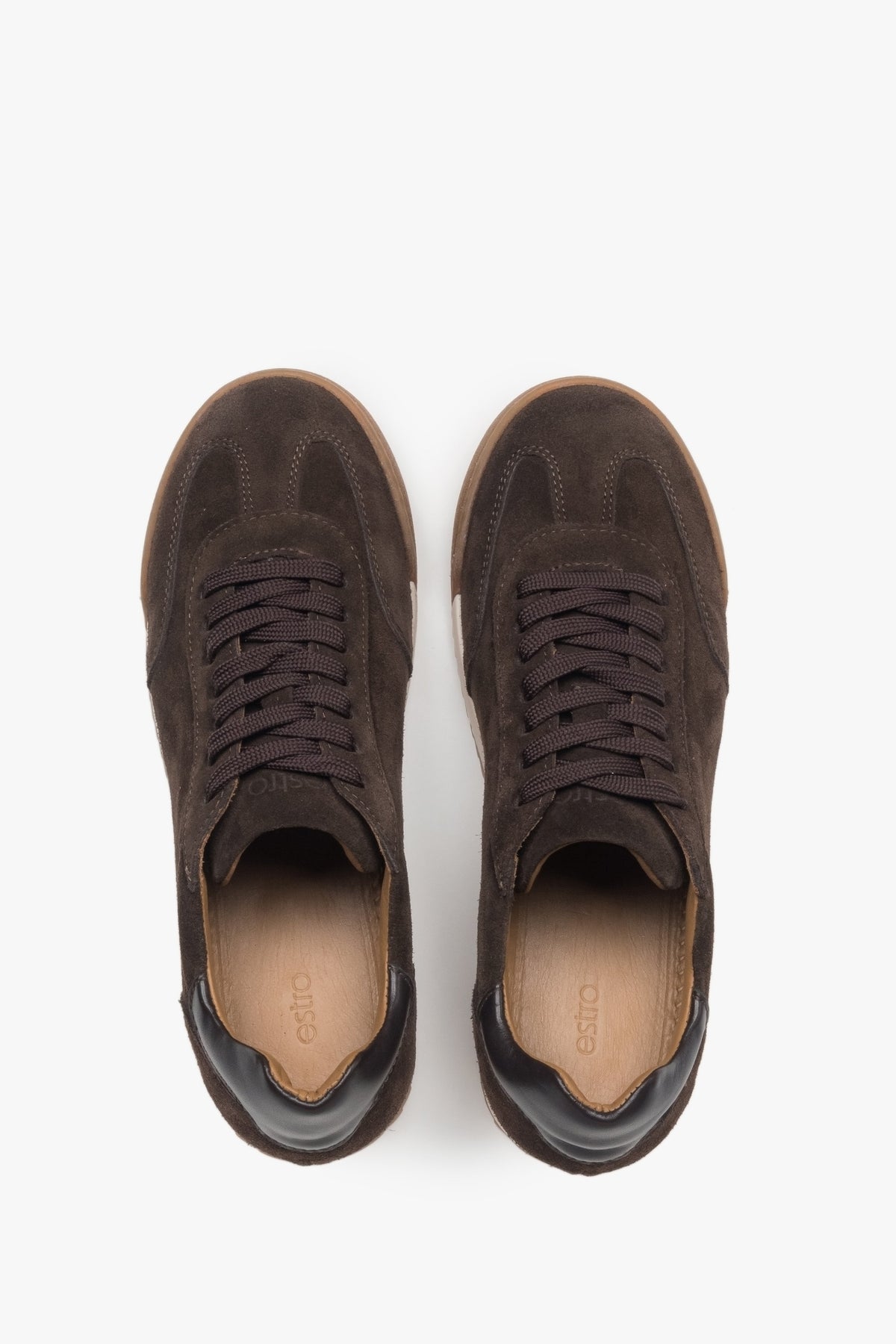 Estro women’s sneakers, dark brown, in premium Italian natural velour with a flexible sole.