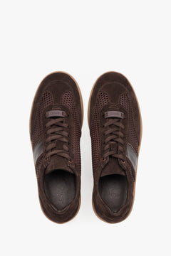 Dark brown mesh and velour sneakers.