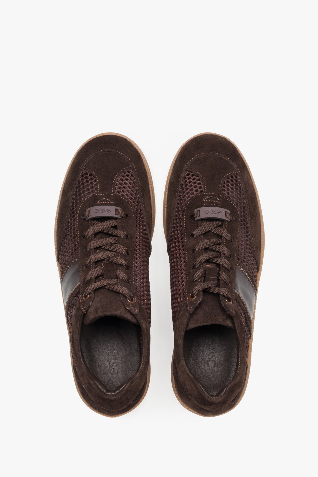 Dark brown mesh and velour sneakers.