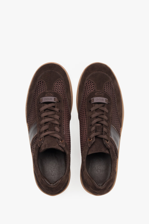 Dark brown mesh and velour sneakers.