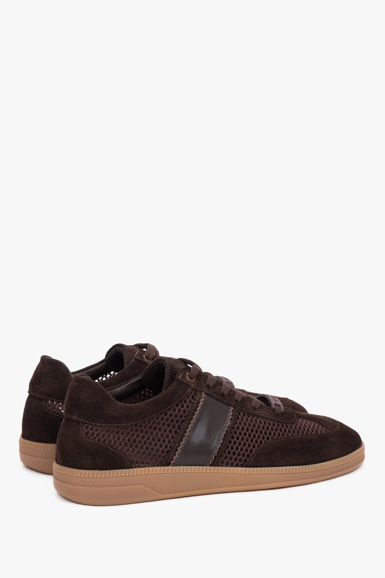 Side profile of dark brown mesh and leather sneakers.