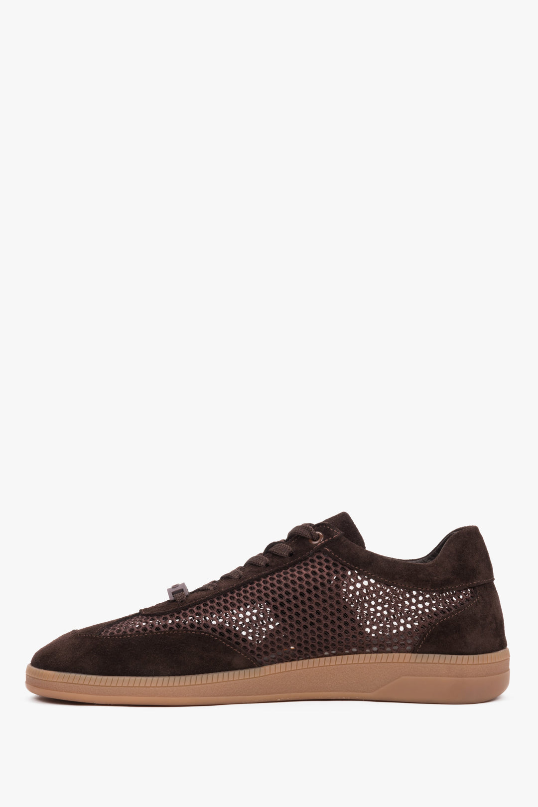 Heel and back view of dark brown leather and mesh sneakers.