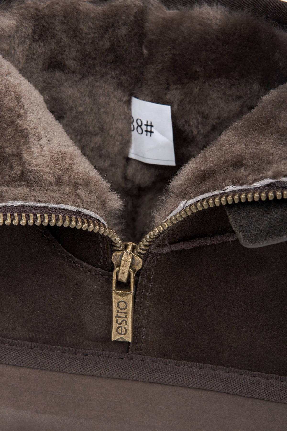 Elegant women's snow boots in dark brown, made of genuine velour with a fur-lined interior.