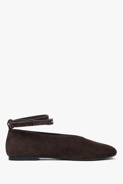 Women's Soft Dark Brown Velour Ballerina Flats with Ankle Strap Estro ER00117188.