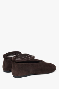 Brown velour women's ballet flats with an ankle strap by Estro.