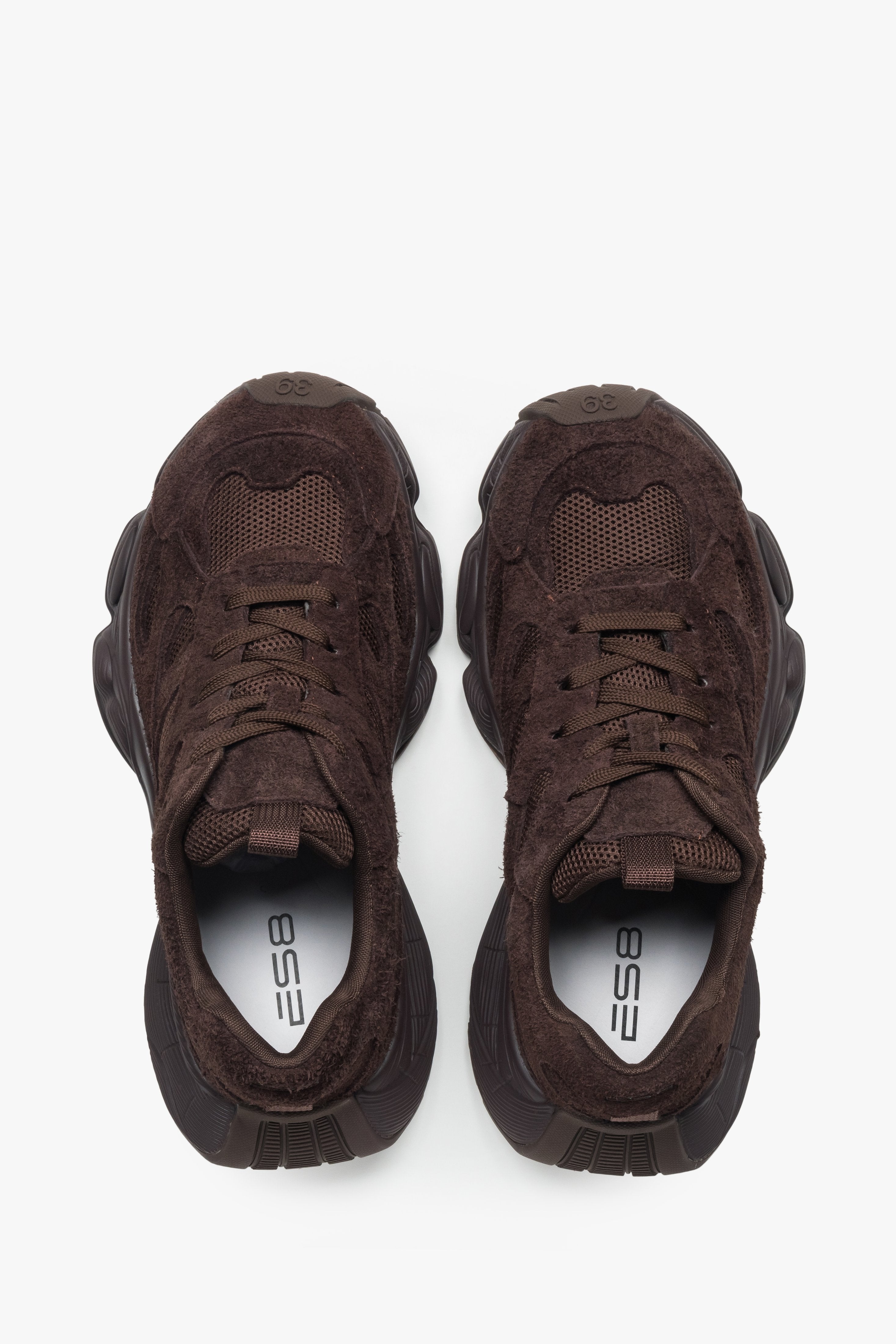 Women's premium velour sneakers in dark brown by Estro – an angled shot showing the combination of velour and technical textile elements.