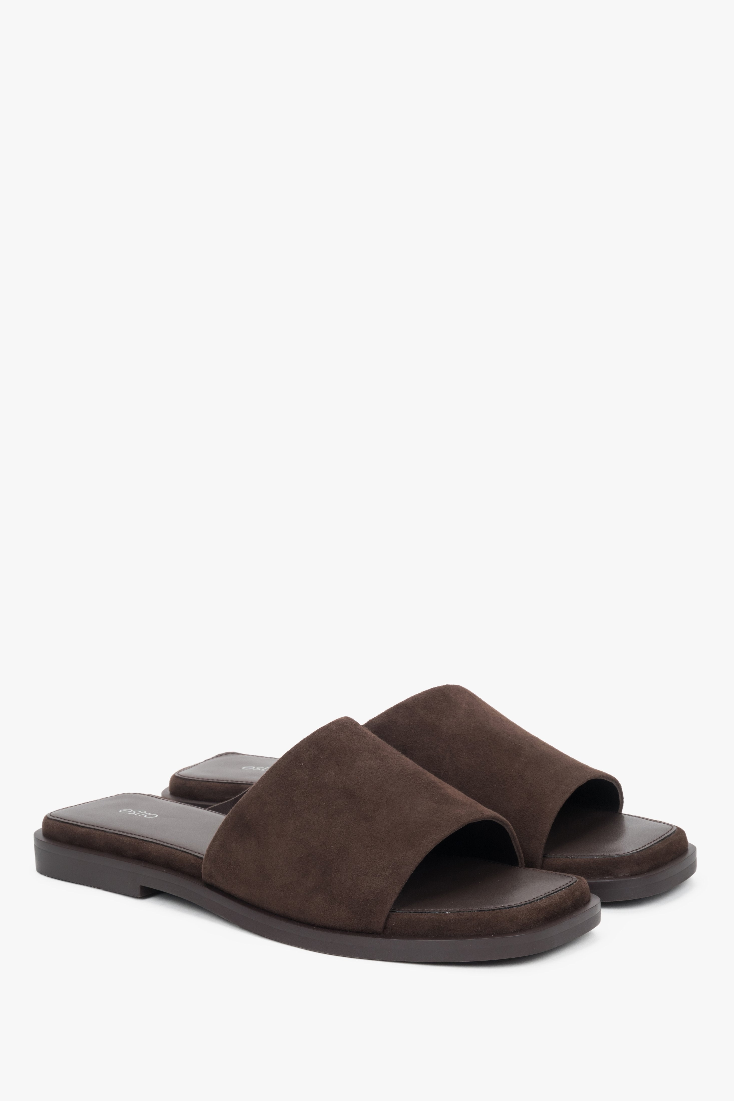 Dark brown square-toe slide sandals in genuine velour with a modern minimalist design.