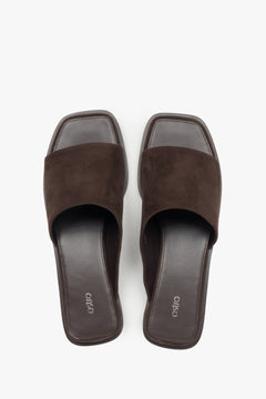 Elegant dark brown velour slides with a structured upper and contemporary square toe.