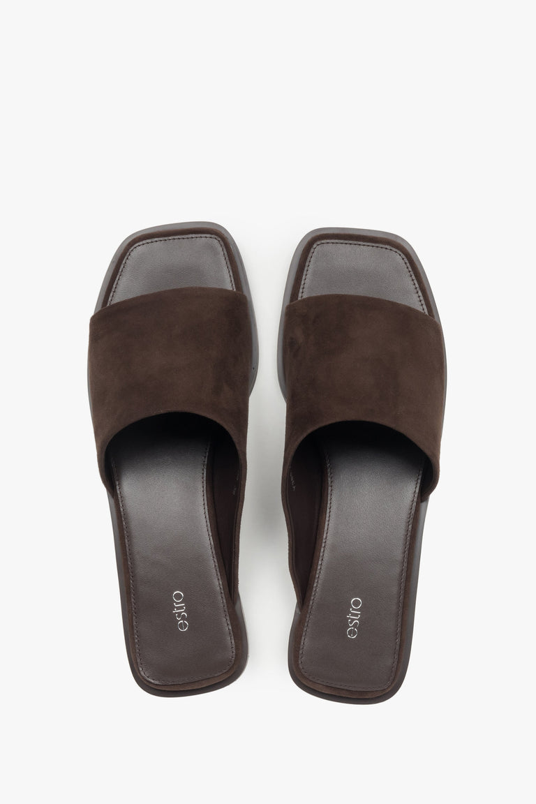 Elegant dark brown velour slides with a structured upper and contemporary square toe.