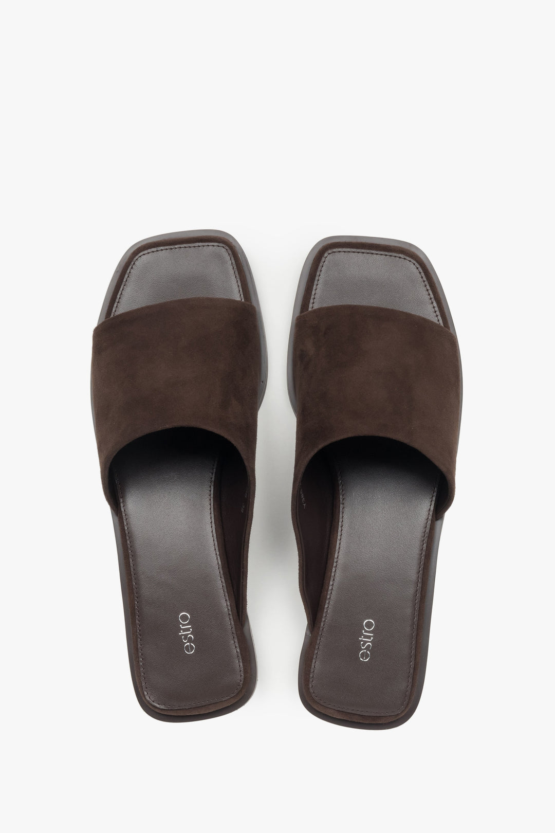 Elegant dark brown velour slides with a structured upper and contemporary square toe.