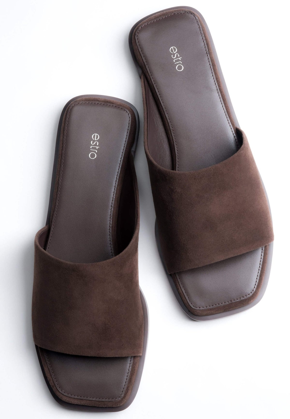 Women’s Dark Brown Square-Toe Slide Sandals in Genuine Velour Estro ER00119227.