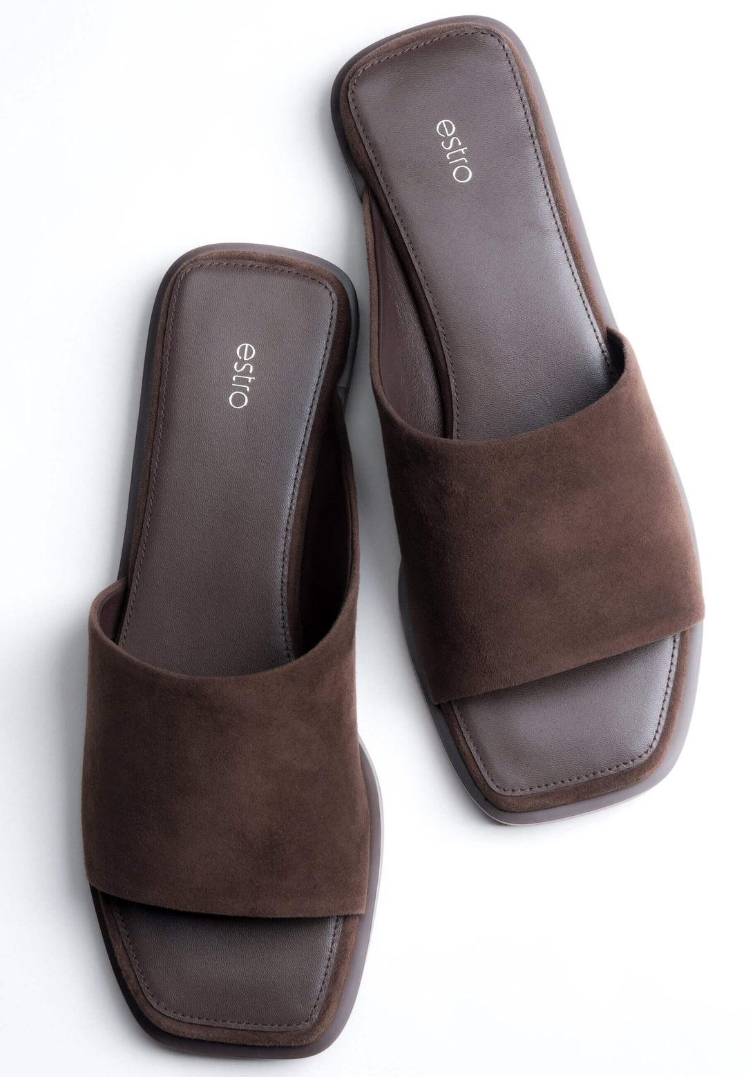 Women’s Dark Brown Square-Toe Slide Sandals in Genuine Velour Estro ER00119227.