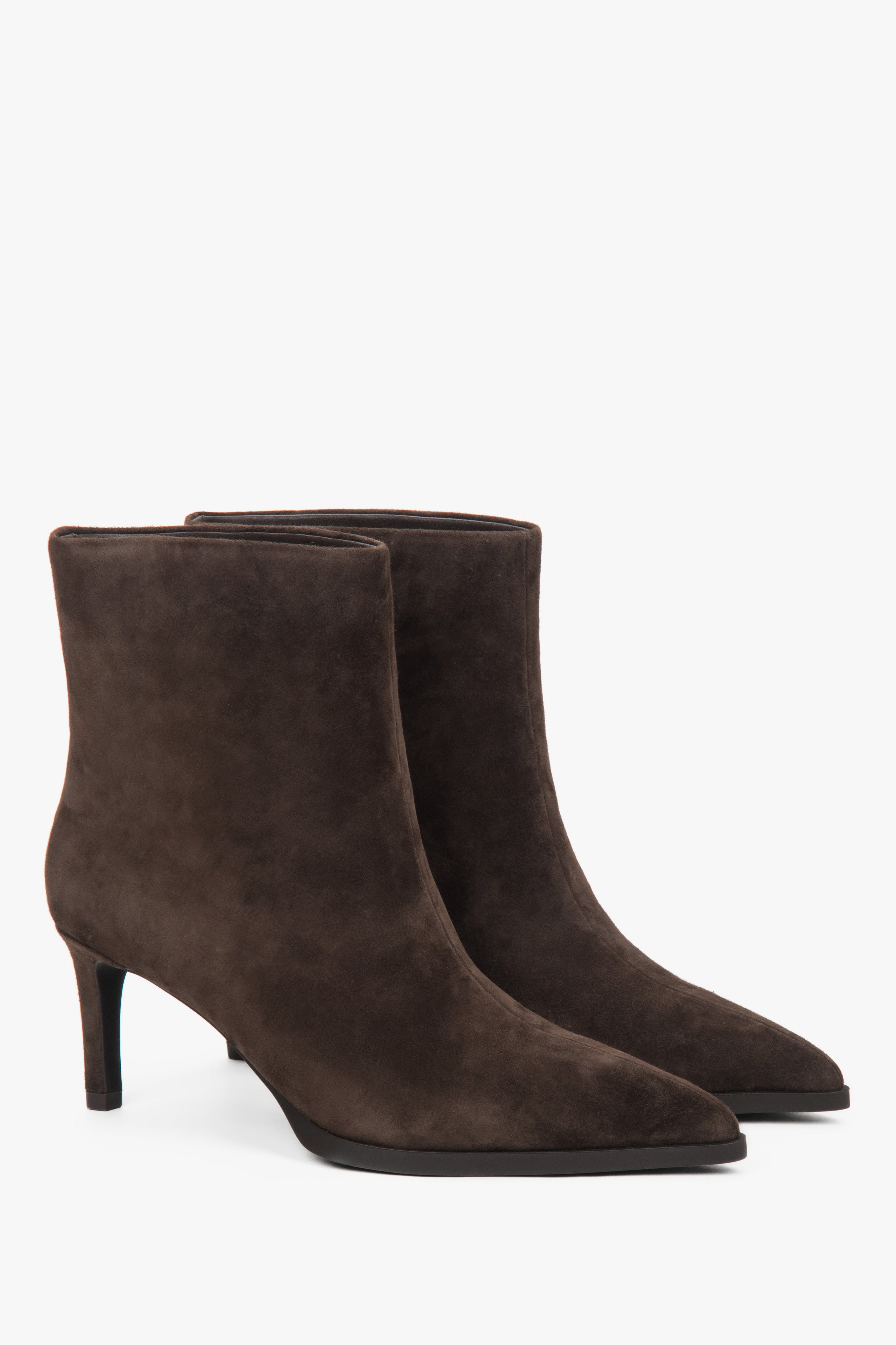 Women’s short dark brown stiletto ankle boots made of genuine velour Estro.