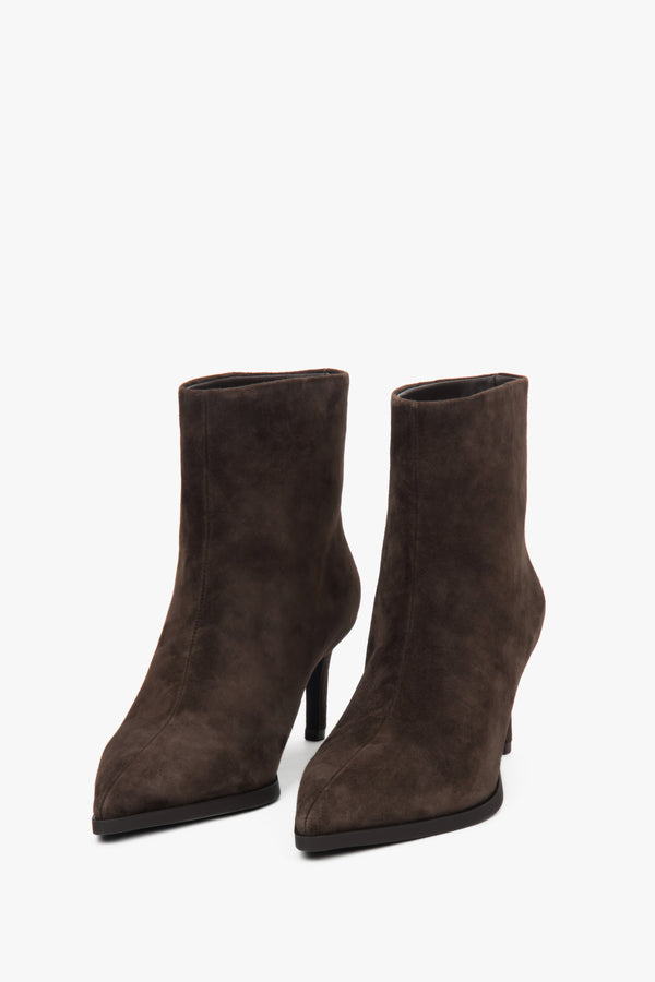 Estro women’s ankle boots: short, dark brown, stiletto heel, genuine velour.