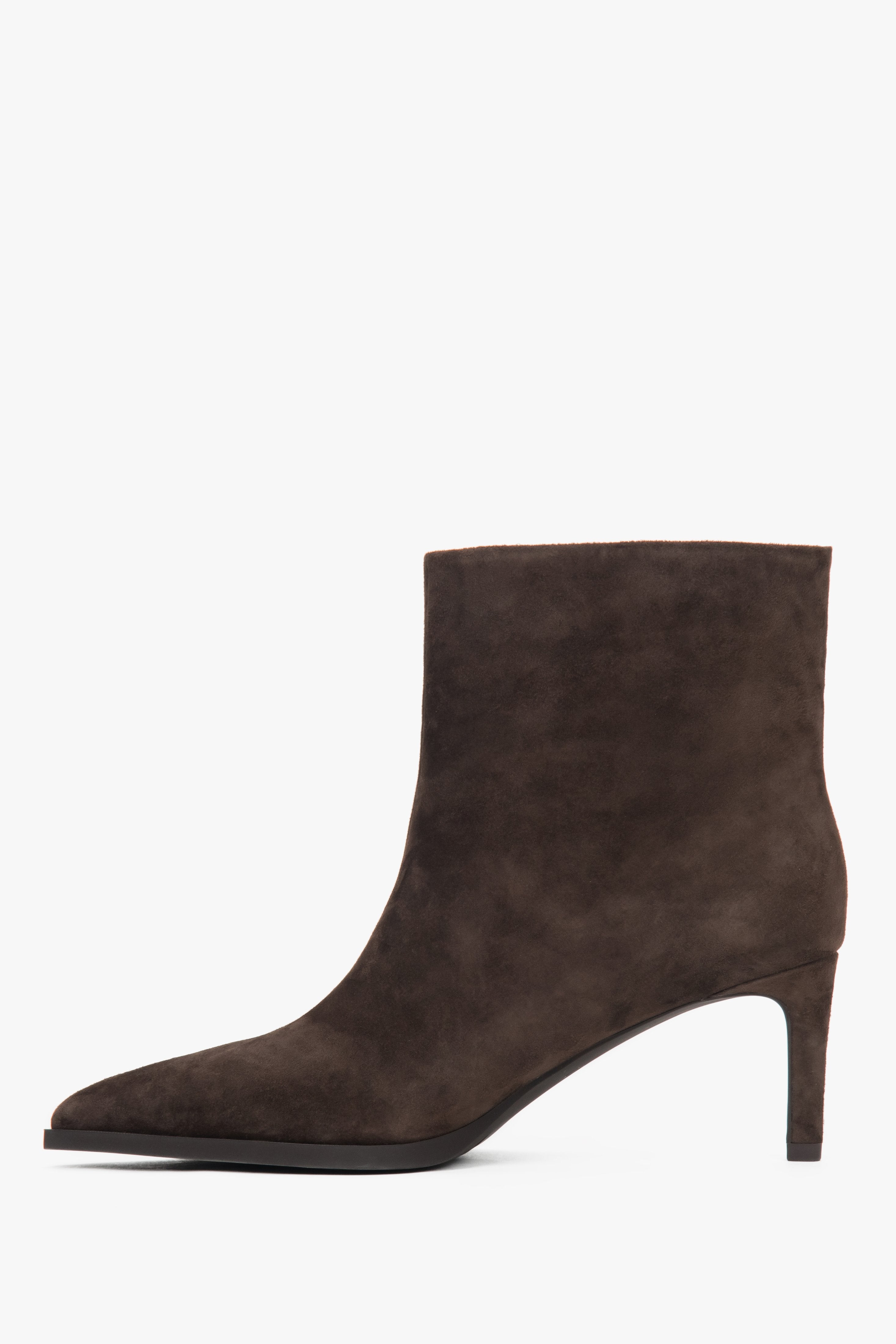 Short women’s dark brown stiletto ankle boots made of genuine velour Estro.