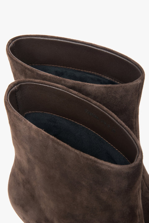 Dark brown women’s stiletto ankle boots made of genuine velour.