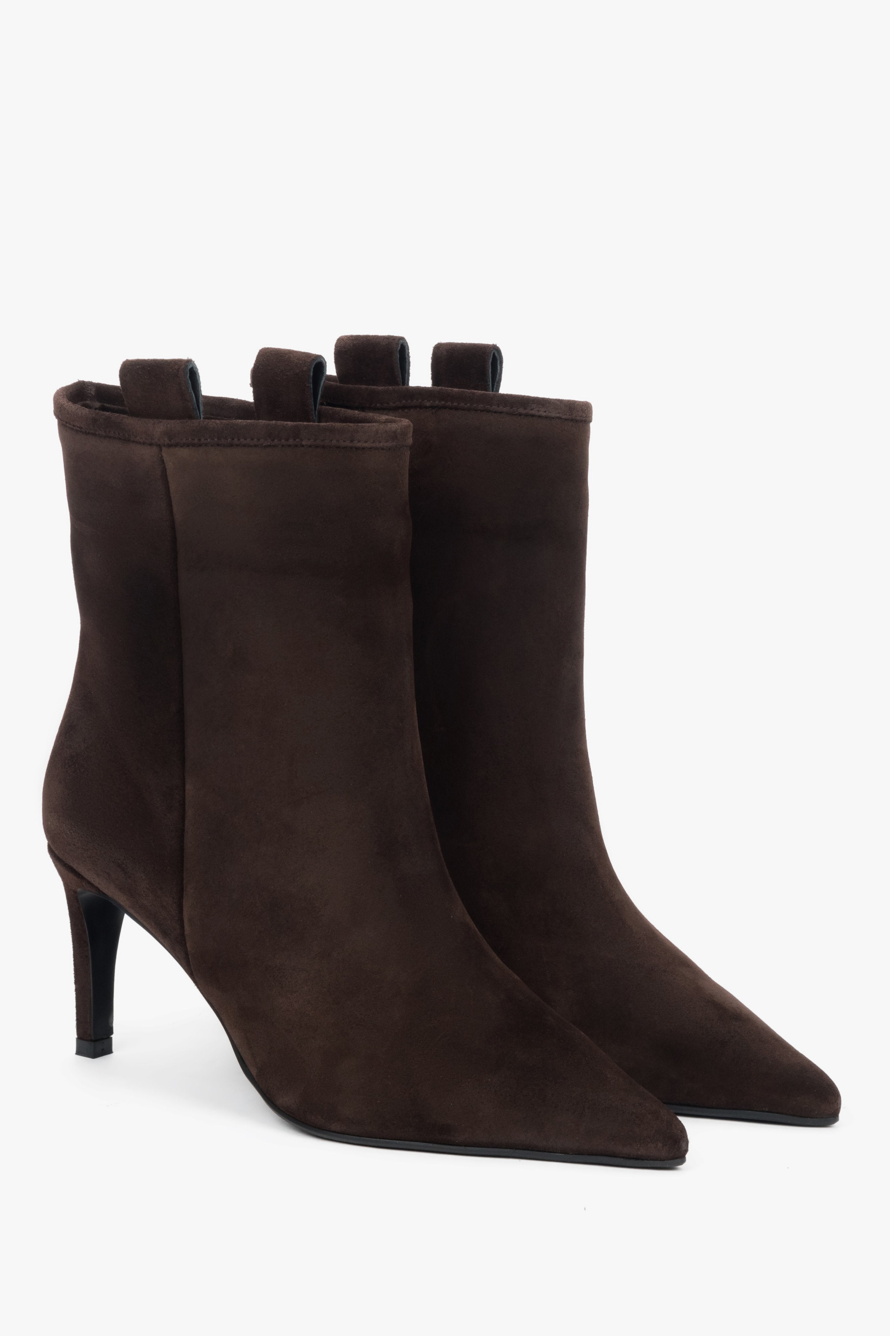 Women’s dark brown stiletto ankle boots made of genuine velour.