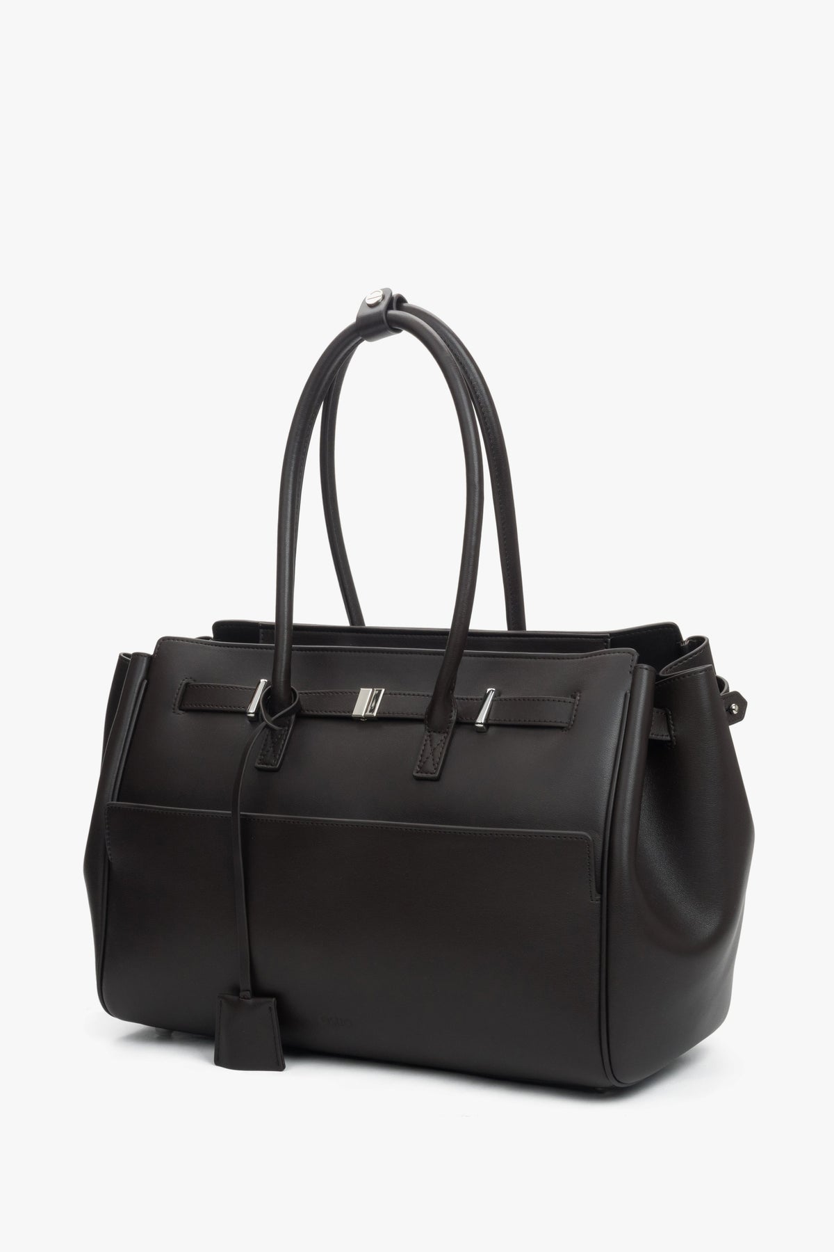 Spacious leather satchel with three compartments and silver hardware, designed to fit A4 and keep essentials organized.