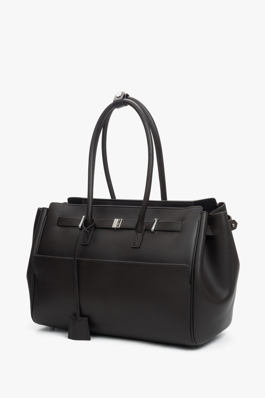 Spacious leather satchel with three compartments and silver hardware, designed to fit A4 and keep essentials organized.